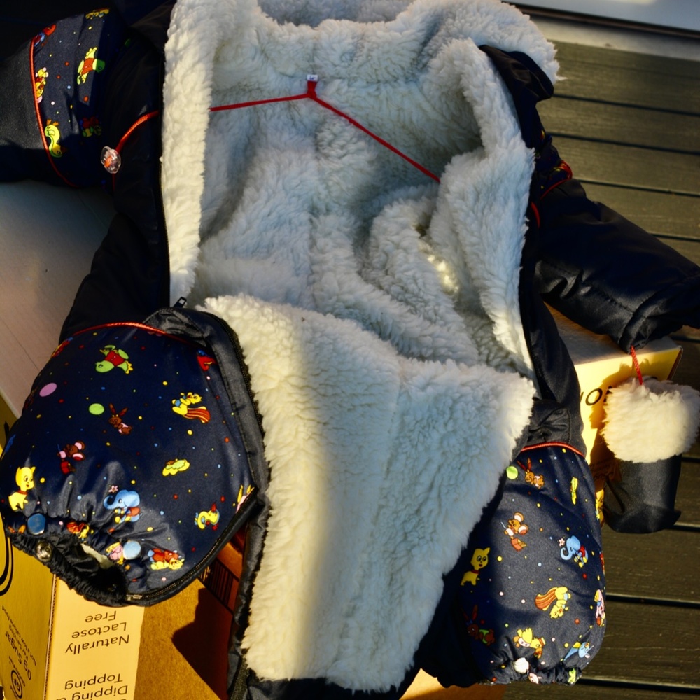Baby Snowsuit 6-9M Winter Jumpsuit Blue Faux Fur - Picture 4 of 6
